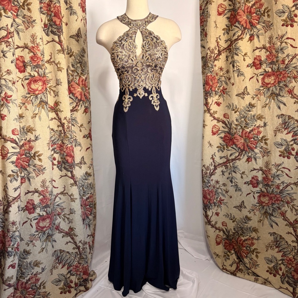 Xscape Stunning Navy Blue Lace Rhinestone Mermaid Prom Evening Gown Maxi Dress
